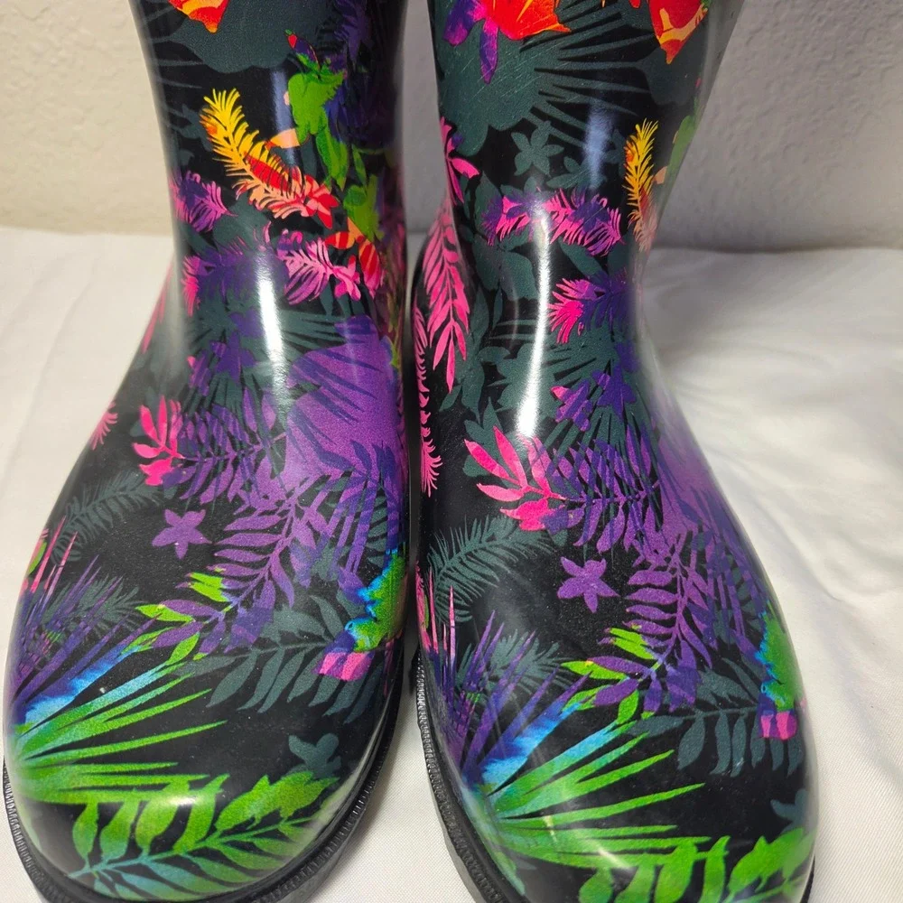 Chooka Womens Tropical Floral Tall Rain Boots Black Multi Color Size 11